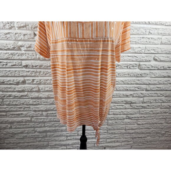 Onque Casual Womens Top 2X Plus Tee Orange Stripe Lightweight Tied Hem STR63E - Picture 4 of 8